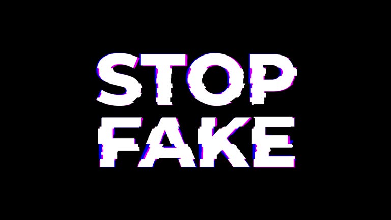 Stop Fake. Glitch Text Animation Effect on Old Interference Screen. 4K Video