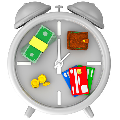 One gray alarm clock and a lot of gold coins, banknotes, credit cards and purse on a white background. Isolated. 3D illustration