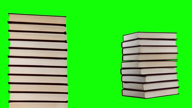 Growing pile of books on a green background, stop motion animation. Learning, wisdom, library concept. Green screen background.