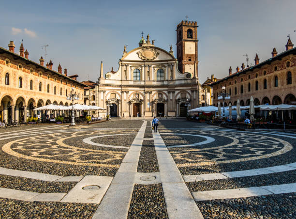 historic buildings at the old town of Vigevano in italy stock photo