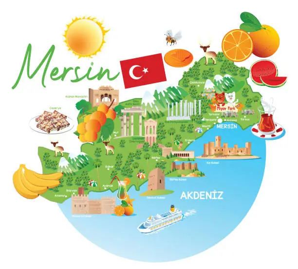 Vector illustration of Cartoon Map of Mersin City