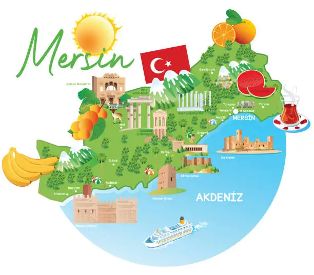 Vector illustration of Mersin Travel Map