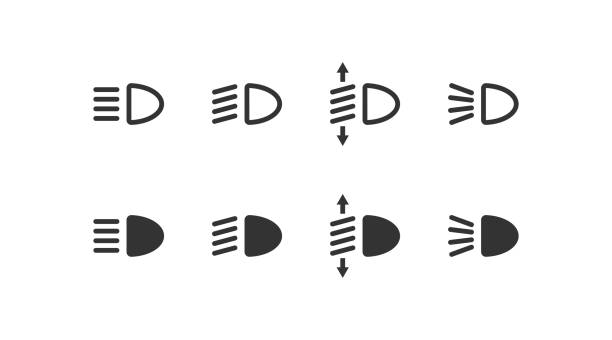 ilustrações, clipart, desenhos animados e ícones de conjunto de ícones de linha do farol. símbolo da ilustração da luz do automóvel. sinal dastboard auto vetor plano. - headlight