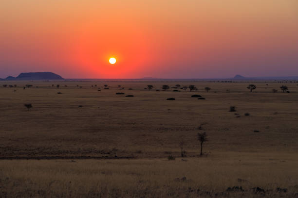 Sunset over Amboseli. Big Descending Sun Plate with Burning Orange Sky. Amboseli, Kenya