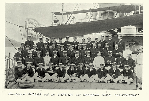Vintage illustration after a photograph of Admiral Buller and Captain and Officers of HMS Centurion a pre-dreadnought battleship of the Royal Navy, 1890s