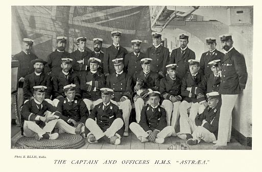 Vintage illustration after a photograph of Captain and Officers of HMS Astraea a second class cruiser of the Royal Navy, 1890s