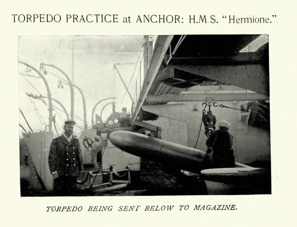 istock Torpedo being sent to the magazine, HMS Hermione a Royal Navy protected cruiser, warship, History Naval warfare 1445541041
