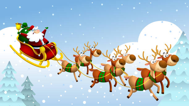 istock Happy Santa Claus Cartoon Character A Reindeers Flying In A Sleigh 1445541939