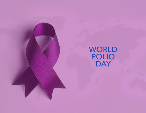 Purple ribbon and world map.