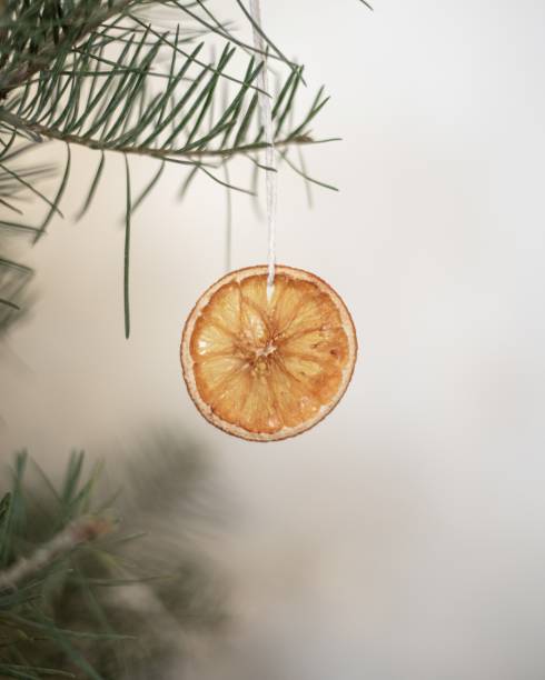 istock Orange slice ornament hanging on Christmas tree branch 1445546333
