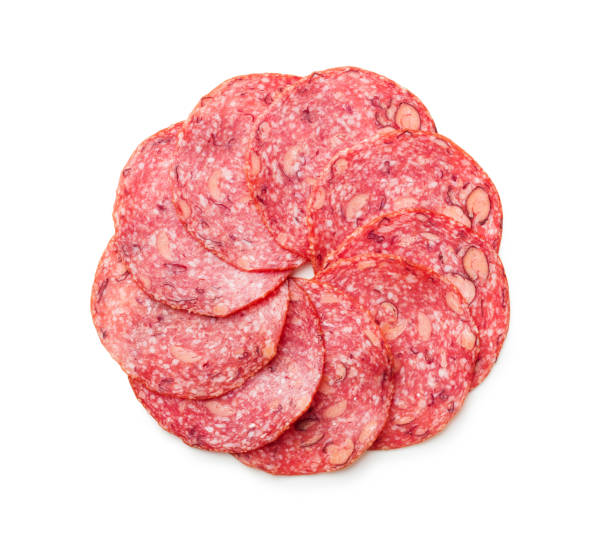 istock Sliced mexican salami with beans isolated on white background. 1445546362