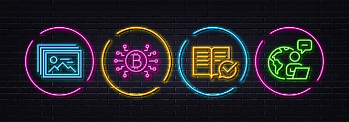 Image gallery, Approved documentation and Bitcoin system minimal line icons. Neon laser 3d lights. Outsource work icons. For web, application, printing. Vector