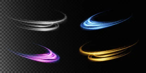 Vector illustration of Set of neon light rings. Whirlwind effect. Curve blue, purple, gold line light effect. Abstract dark background, rings with glowing swirling sights, and various backgrounds. Energy flow tunnel. Blue portal, platform. Magic circle vector. Luminous spiral.