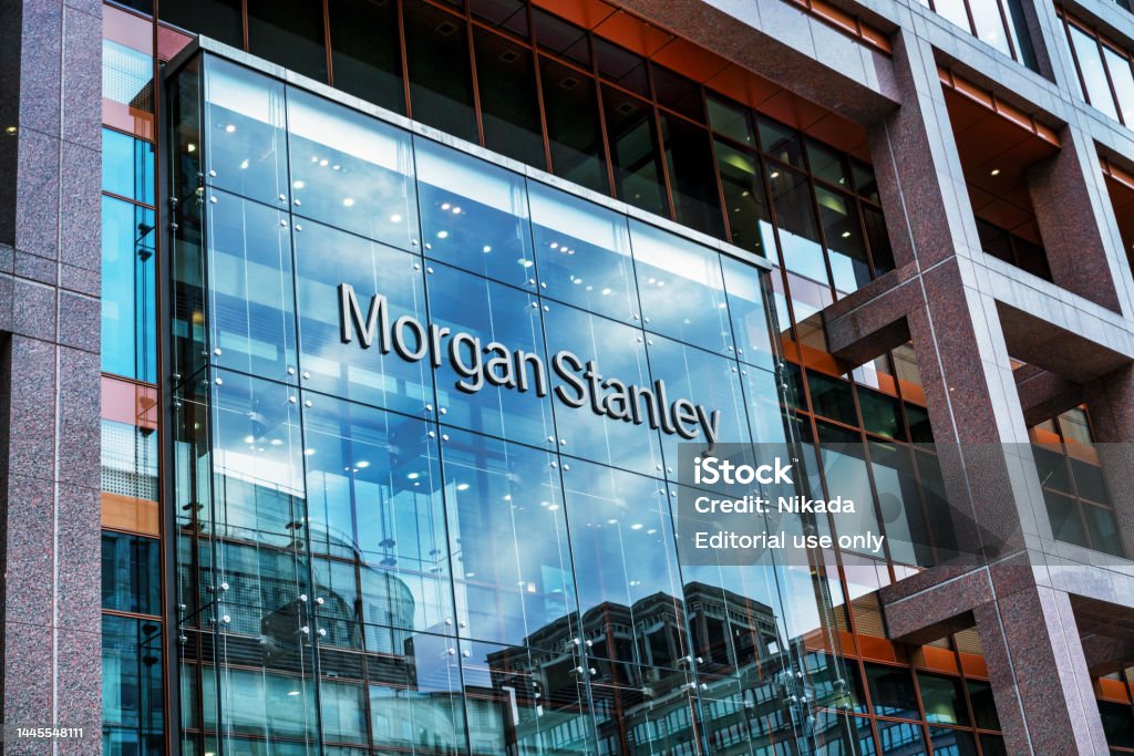 Morgan Stanley European Headquarters, London, UK London, UK - September 4, 2015: The facade and sign of modern bank building from Morgan Stanley with reflections. Bank - Financial Building Stock Photo