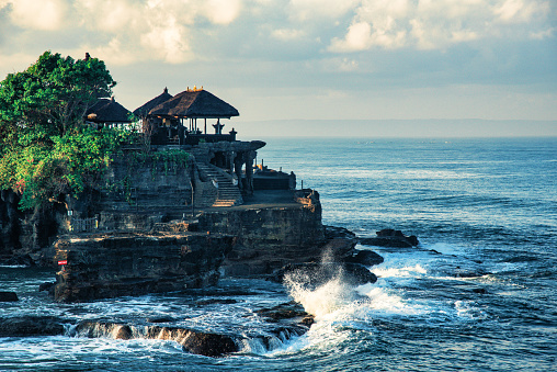 Pura tanah lot beautiful and famous travel location in Bali, Indonesia