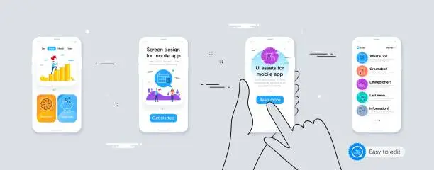 Vector illustration of Set of Contactless payment, Atm service and Loyalty ticket line icons. For design. Vector