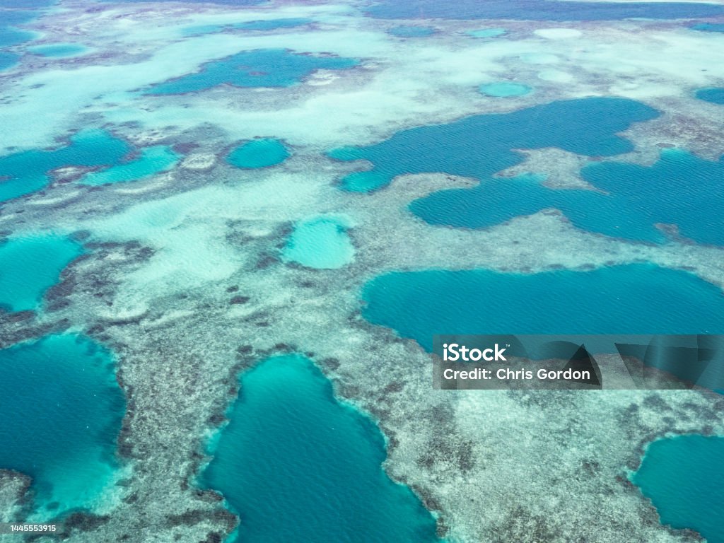 Aerial view of the coral reef Aerial view of the Houtman Abrolhos Islands Western Australi Directly Above Stock Photo