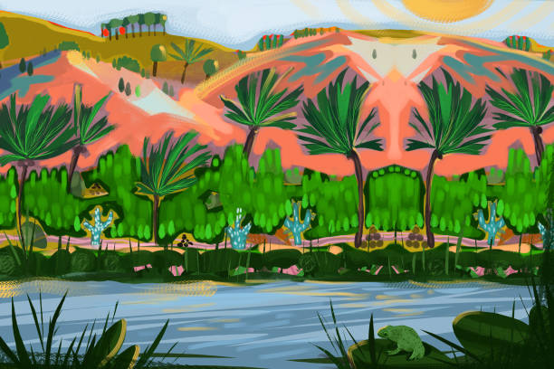 ilustrações de stock, clip art, desenhos animados e ícones de nature and wildlife - frog water lily pond sunlight