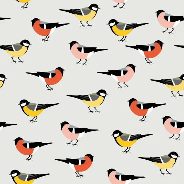 Vector illustration of Bird seamless pattern with bullfinches and great tits.