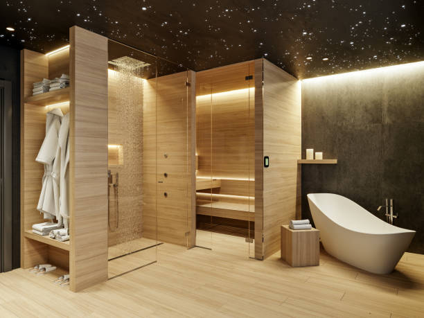 Beautiful modern design of bathroom and spa with star ceiling