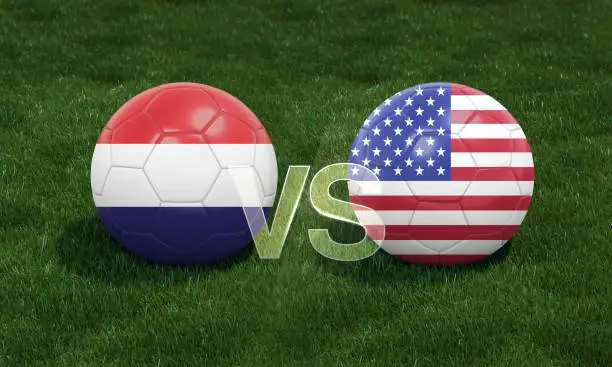 Announcement of the match between the Netherlands and USA for sport soccer tournament and football championship.