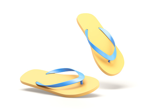 Colorful flip-flops on sand beach, Summer holiday concept 3d render 3d illustration