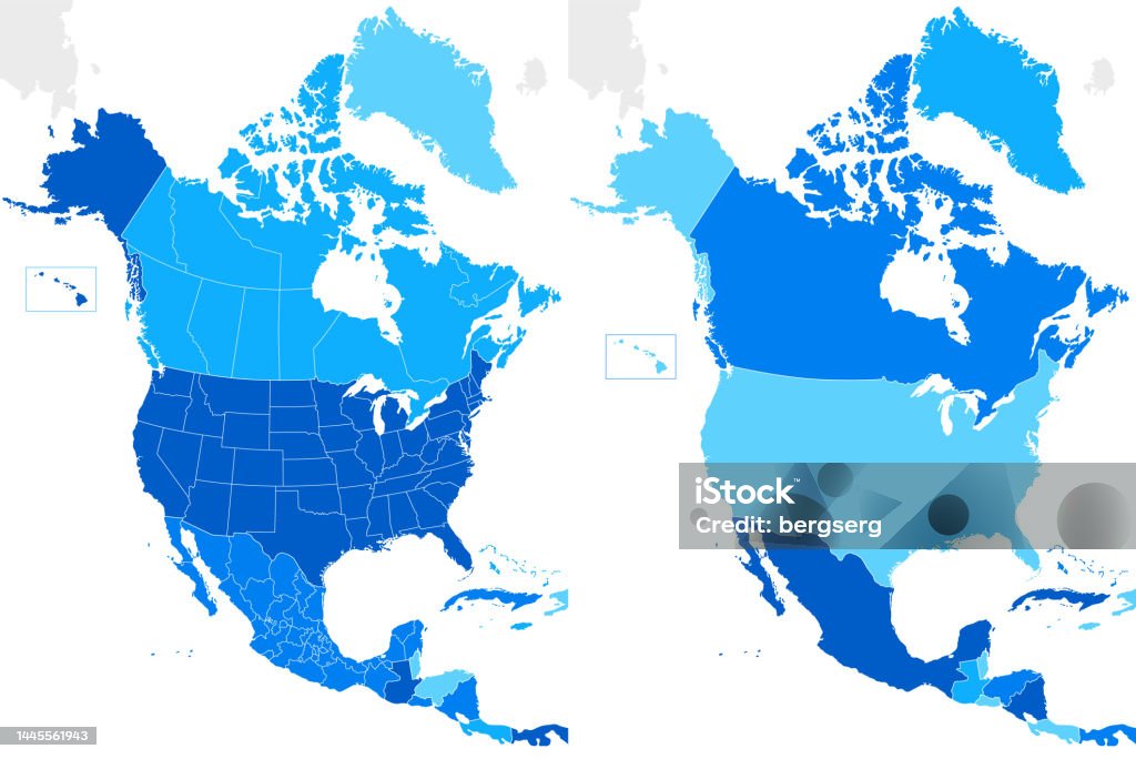 Mapa azul de América del Norte con países y regiones - arte vectorial de Mapa libre de derechos Mapa azul de América del Norte con países y regiones - arte vectorial de Mapa libre de derechos