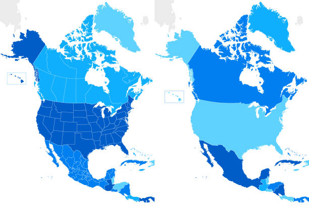 ilustraciones, imágenes clip art, dibujos animados e iconos de stock de mapa azul de américa del norte con países y regiones - mapas