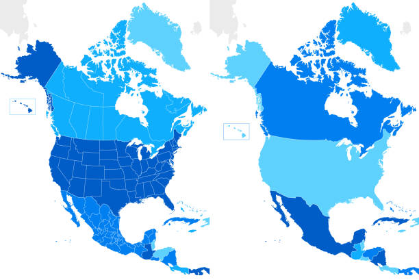 North America Blue map with Countries and Regions vector art illustration