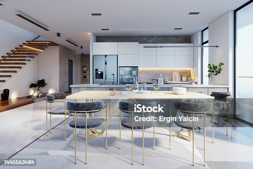istock Luxury Home Interior With  Staircase, Refrigerator And Dining Table 1445563484