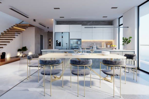 interior de luxo casa com escada, geladeira e mesa de jantar - stone contemporary house luxury - fotografias e filmes do acervo