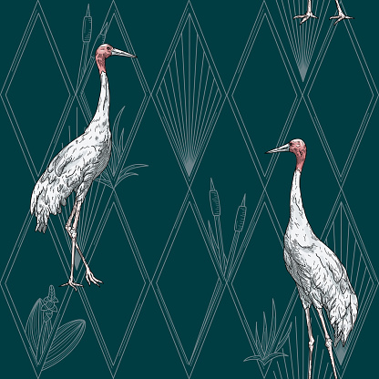 A new take on a classic and elegant art deco motif, featuring Sarus Cranes placed on a criss-crossing diamond pattern made from reeds and leaves.