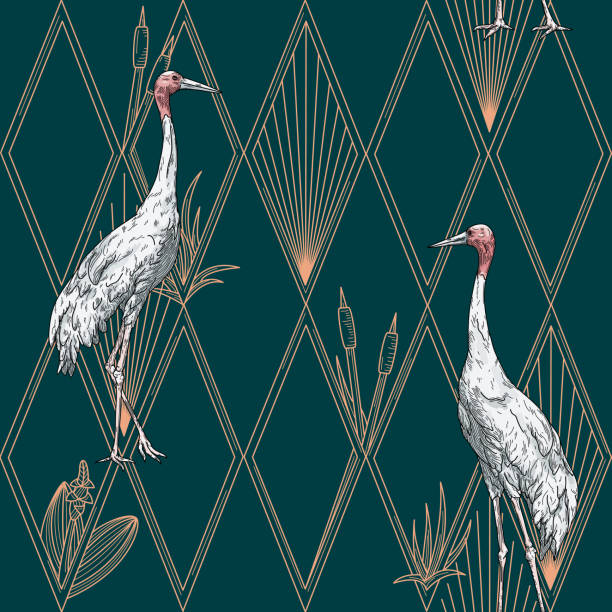 A new take on a classic and elegant art deco motif, featuring Sarus Cranes placed on a criss-crossing diamond pattern made from reeds and leaves.