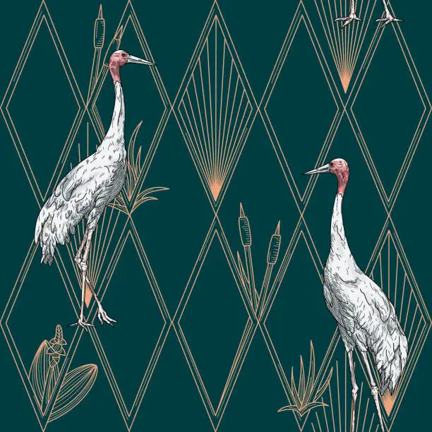 Vector illustration of Modern Art Deco Hollywood Regency Sarus Crane and Diamond Seamless Pattern