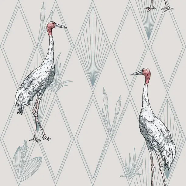 Vector illustration of Modern Art Deco Hollywood Regency Sarus Crane and Diamond Seamless Pattern