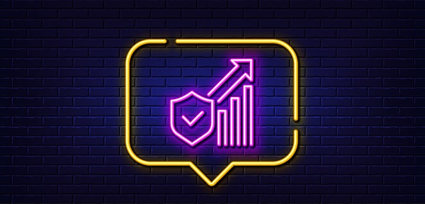Neon light speech bubble. Security statistics line icon. Cyber defence sign. Private protection symbol. Neon light background. Security statistics glow line. Brick wall banner. Vector