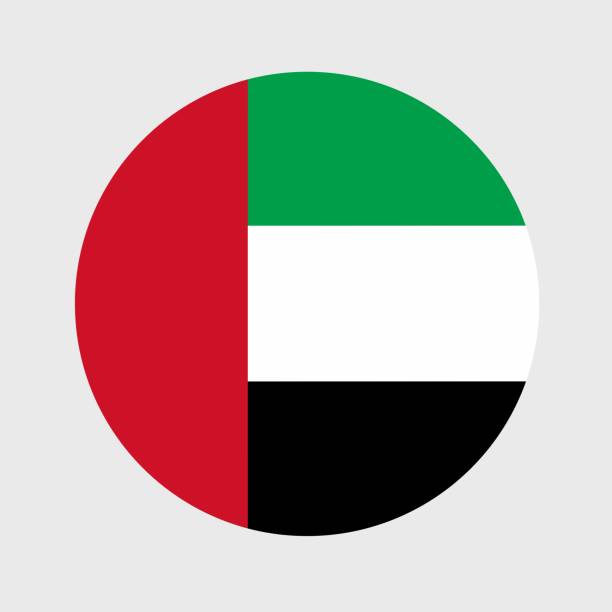 아랍 에미리트 연합 또는 아랍 에미리트 국기의 평면 라운드 모양의 벡터 그림입니다. 버튼 아이콘 모양의 공식 국기. - 아랍에미리트 연합 stock illustrations