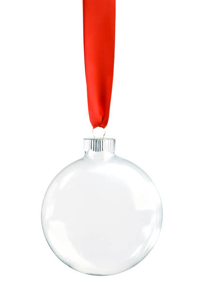 Clear Christmas ornament hanging from shiny red ribbon. Empty space in bauble for text or product. Isolated on white.