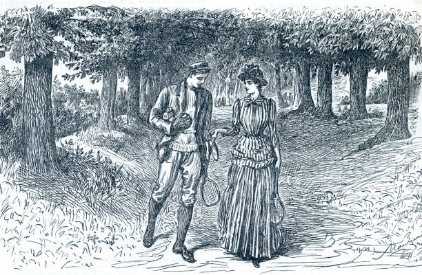 낭만적 인 산책 19 세기 그림 - victorian style women history couple stock illustrations