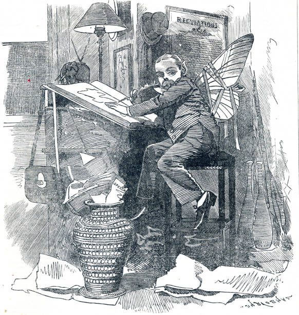 ilustrações, clipart, desenhos animados e ícones de puck no escritório ilustração do século 19 - shakespeare and company