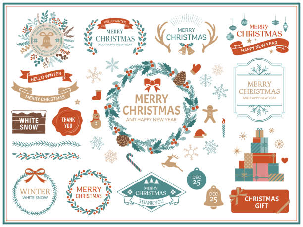 ilustraciones, imágenes clip art, dibujos animados e iconos de stock de decoraciones navideñas y marcos e iconos establecidos. - heart shape christmas paper christmas gift