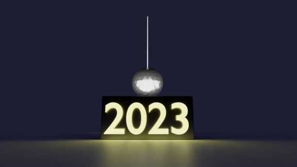 2023 Ball Drop 3D render of 2023 ball drop with 2023 illuminated and shining on a reflective surface. Dark blue background times square new years eve stock pictures, royalty-free photos & images