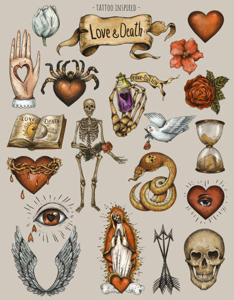 Vintage Love And Death Tattoo Flash Sheet Stock Illustration