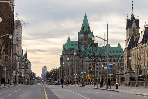 Ottawa, Canada - November 10, 2022: Wellington street closed for cars in downtown near Parliament Hill buildings.