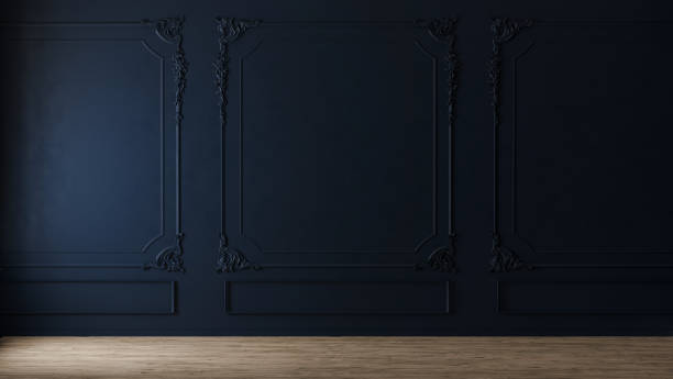 istock Dark blue wall with classic style mouldings and wooden floor, empty room interior, 3d render 1445575842