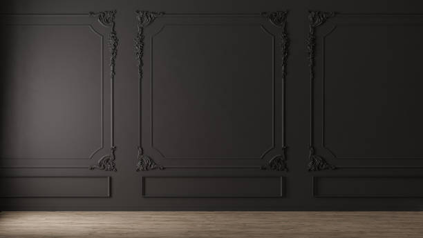 istock Black wall with classic style mouldings and wooden floor, empty room interior, 3d render 1445575843