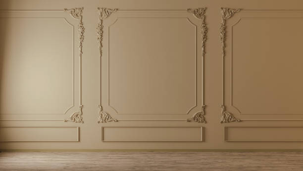 istock Beige wall with classic style mouldings and wooden floor, empty room interior, 3d render 1445575857