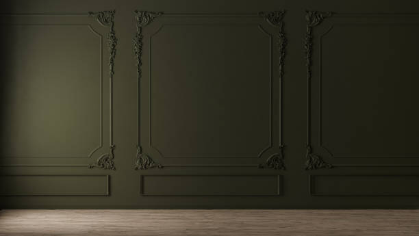 istock Green wall with classic style mouldings and wooden floor, empty room interior, 3d render 1445575872