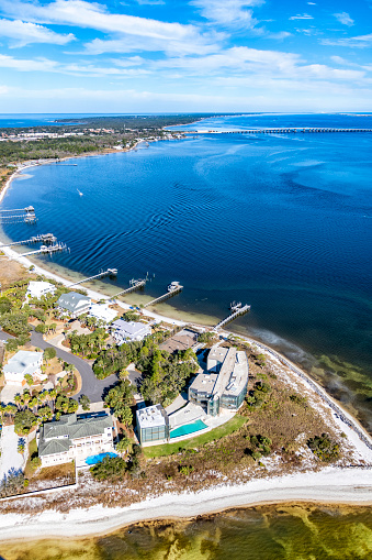 Aerial view of beachfront homes with private boat docks on the Pensacola Bay near Pensacola Beach, Florida from an altitude of about 500 feet during a helicopter photo flight.