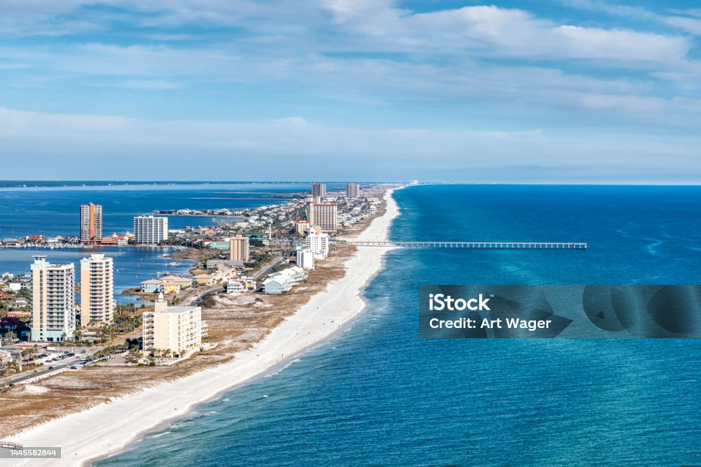 Pensacola Beach Aerial The town of Pensacola Beach, Florida shot from an altitude of about 500 feet during a helicopter photo flight. Pensacola Stock Photo